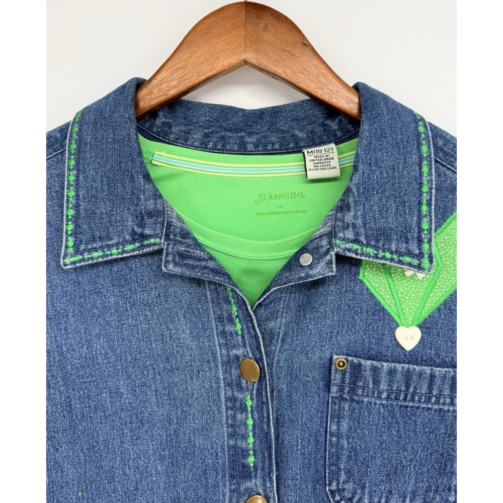 Classic Elements Womens Medium 10-12 Jean Top Green Accents St. Pattys Heart Vtg - Picture 5 of 11